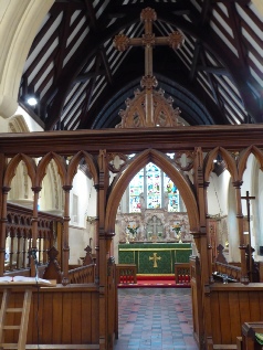 The aisle and altar in Minsterworth. 